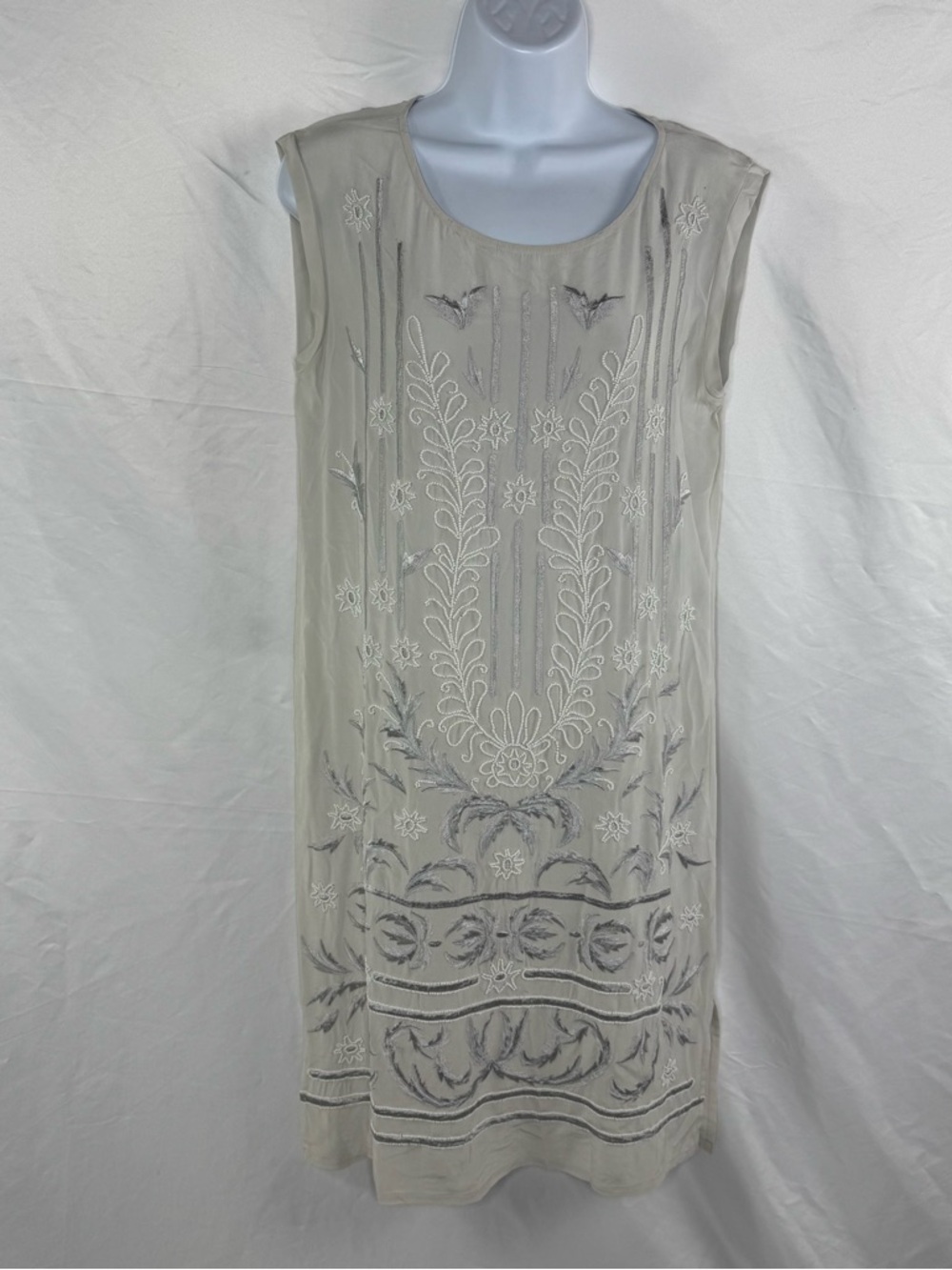 Sundance Cream Midi Silk Dress with Silver Embroidered Motifs and Embroidery